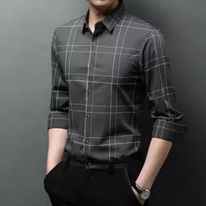 샤오원샵 남성 가을 캐주얼 키작남 체크 셔츠 긴팔 스판 칼라 꾹3