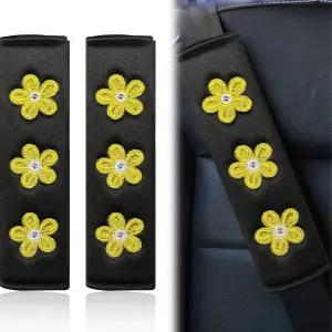 KPFILEH 2PCS 데이지 플라워 자동차 안전벨트 커버 패드 부드러운 통기성 시트 어깨 스트랩 편안한 쿠션