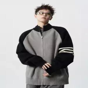 키체샵 남친 니트 캐주얼 가을 더블 차이나 스웨터 코트 라운드넥 자켓 스트라이프 HO3