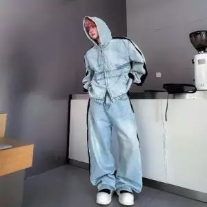 픽호샵 남자 청 캐주얼 봄 후드 카디건 브이넥 세트 장식 흐름 청바지 키작남 재킷 테이프 꾹1