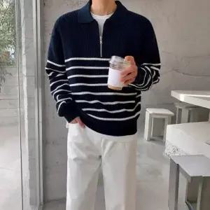 록쉬블몰 남자 니트 캐주얼 빈티지 가을 반집업 칼라넥 바늘 스트라이프 숄카라 긴팔 HO3