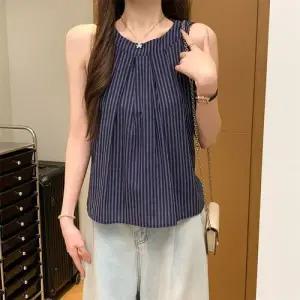 EAMT 여친 여름 조끼 셔링 민소매 홀터넥 나시 톱 스트라이프 EUNG2