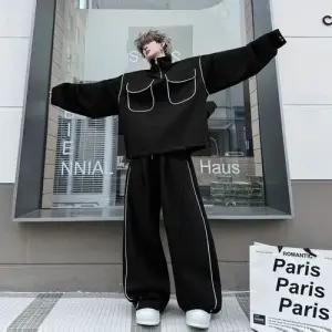 슬송렉샵 바지 남자 가을 투피스 키작남 긴팔세트 테이핑 와이드 맨투맨 루즈핏 세트 차이나 코트 꾹3