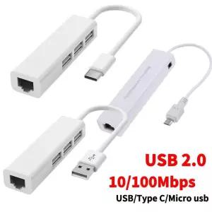 OTG 3포트 USB 2.0 허브 10/100MB 마이크로 - RJ45 LAN 어댑터 네트워크 카드