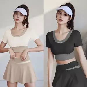 [하프클럽/]크롭 브라 레이어드 운동복 러닝 탑 배색