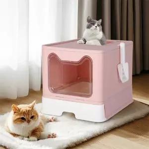 대형 핑크색 고양이 화장실 트레이 뚜껑 고양이 변기 후드형 새끼 화장실 서랍 트레이 스쿱 포함 무취 간편