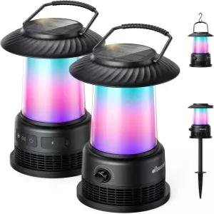 dbsono 야외 태양광 스피커 홈 데코 360° LED 조명이 있는 2팩 30W 스테레오 사운드 멀티싱크 100Pcs IPX7