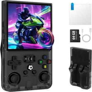 R36MAX 레트로 휴대용 게임 콘솔 4.0인치 IPS HD 화면 및 리눅스 시스템 30개 이상의 에뮬레이터 64GB TF