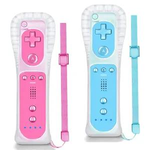NC Wii 컨트롤러 2 팩 리모컨 교체 닌텐도 U 호환 실리콘 케이스 및 손목 스트랩 포함 블루+핑크