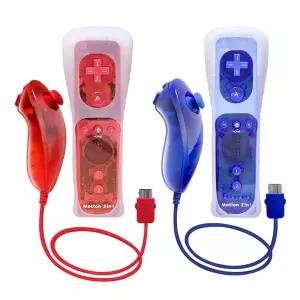 실리콘 케이스와 손목 스트랩이 있는 Wii 리모컨 모션 플러스 2팩 - 내장된 U용 빨간색과 파란색 투명