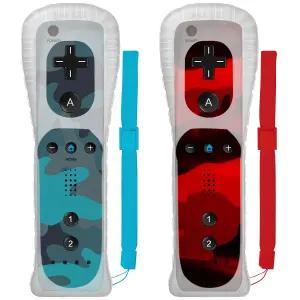 Wii 컨트롤러 2 팩 실리콘 케이스와 손목 스트랩이 있는 리모컨 U(카모 블루 및 레드)와 호환 가능