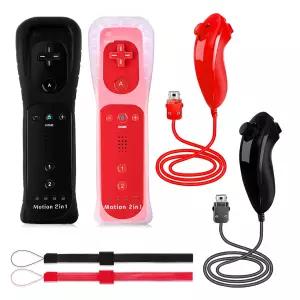 PaveRovi 2팩 모션 플러스 Wii 컨트롤러 Nunchucks 리모컨 내장 U 콘솔 호환 레드+블랙