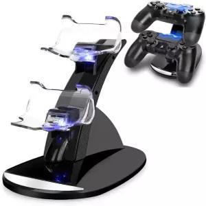 VSEER 듀얼 쇼크 PS4 충전소 - 프로/슬림 컨트롤러용 트윈 도킹 스테이션 스탠드 충전기 블랙