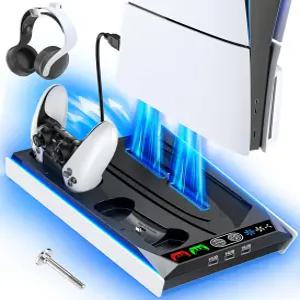 디스크 및 디지털 버전용 거스커 PS 5/슬림 스탠드 컨트롤러 충전기가 있는 RGB 앰비언트 라이팅 냉각