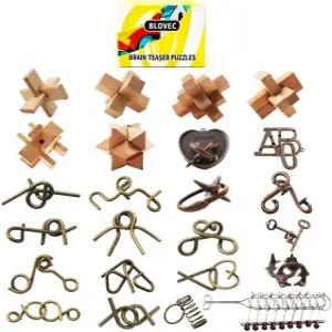 Blovec 24PCS 두뇌 티저 퍼즐 마음 고대 나무와 금속 3D 해제 IQ 교육 박스 게임