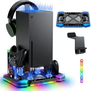 컨트롤러 충전기가 있는 Xbox Series X용 업그레이드된 RGB 냉각 팬 스탠드 X 콘솔 듀얼 충전 도크 및 쿨러