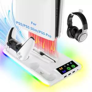 PS5/Slim/Pro용 TicEaik 스탠드 3USB 및 1Type-C 포트가 있는 충전기 수직 냉각 팬 듀얼 컨트롤러 충전
