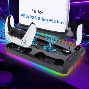PS5/Slim/Pro 디스크 및 디지털 플레이스테이션 5용 냉각 듀얼 컨트롤러 충전기 포함 수직 스탠드 정리함