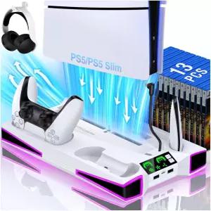 플레이스테이션 5/프로/슬림 콘솔용 카웨이 PS5 스탠드 냉각 2.36인치 팬 RGB 라이트 듀얼 컨트롤러 충전기