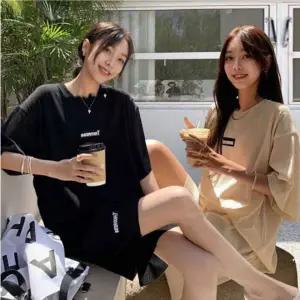 [하프클럽/]여성 여름 골지 라운드넥 반팔 티셔츠 반바지