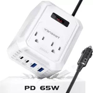 PD 65W/30W USB C 및 QC 18W 포트 2개와 AC 콘센트 2개를 갖춘 200W 자동차 파워 인버터 DC 12V 110V