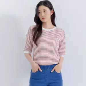 [지센] [에센셜] 스트라이프 자수 스몰포인트 라운드 5부 티셔츠 LCTSP671_IP