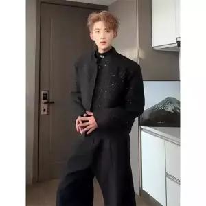 키체샵 검정 남친 모직 정장 자켓 안개꽃 패드 숏 코트 HO1
