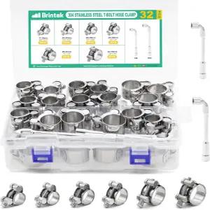 브린텍 T볼트 호스 클램프 32PCS 735mm 스테인리스 스틸 모음 6사이즈 헤비 듀티 조절식 튜브 및 M0 소켓