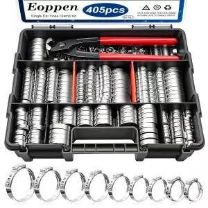 Eoppen 405Pcs 15사이즈 싱글 이어 호스 클램프 5.3-36.1mm 304 스테인리스 스틸 키트 자동차 배관 연료