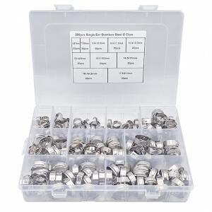 200pcs 7-21mm 단일 귀 무단계 호스 클램프 세트 -304 스테인레스 스틸 이어 클립 파이프 고정용