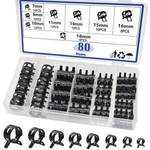 80Pcs 스프링 밴드 호스 클램프 구색 키트 실리콘 진공 파이프 7-18mm 저압 에어 클립 검정색