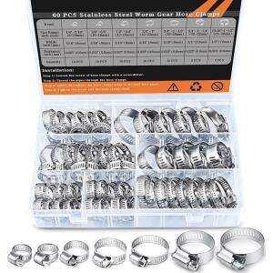60PCS 호스 클램프 304 스테인리스 스틸 조절 가능 6-38mm 웜 기어 덕트 파이프  라인 배관용