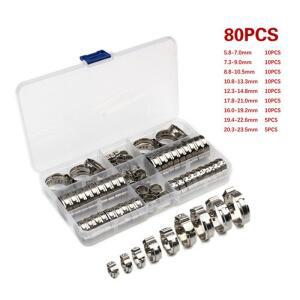 80pcs 스테인레스 스틸 귀 무단 클램프 웜 드라이브  워터 호스 파이프 클립 신치 링 압착 도구 키트
