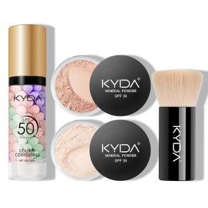KYDA 미네랄 메이크업 키트 SPF 50 컬러 보정 프라이머 35 루즈 파우더 파운데이션 + 반투명 세팅 브러시 스타터 세트 여행용 사이즈 상당히 중간 포함