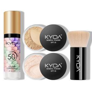 KYDA 미네랄 메이크업 키트 SPF 50 컬러 보정 프라이머 35 루즈 파우더 파운데이션 + 반투명 세팅 브러시 스타터 세트 여행용 사이즈 페어 라이트 포함