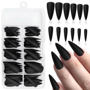 벨핀 120pcs 스틸레토 프레스 온 네일 롱 풀 커버 매트 블랙 페이크 아크릴 순색 및 Girls용 DIY 매니큐어 10 사이즈