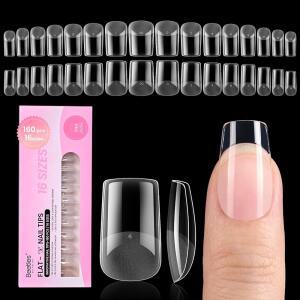 비틀스 젤 네일 팁 플랫X 스퀘어 쇼트 160pcs 16 사이즈 프리 에칭 하프 매트 풀 커버 부드러운 아크릴 False 플랫 및 내추럴 침대 간편한 DIY 살롱 클리어 프레스