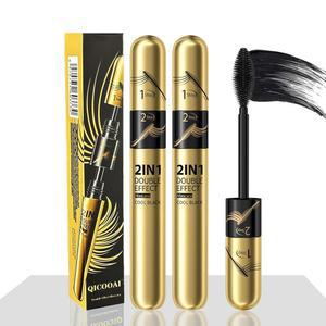 2pcs 2 in 1 더블 블랙 4D 튜빙 마스카라 볼륨 및 길이 실크 섬유 래시 액체 익스텐션 5배 더 길고 번짐 케어 방수 에 강한 풀러