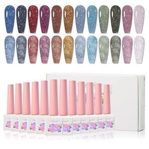 접착 반사 글리터 젤 네일 폴리쉬 세트 12가지 색상 반짝이는 핑크 레드 홀로그램 키트 집에서 UV LED 아트 바니시 매니큐어 DIY를