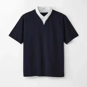 [하프클럽/에스티코]우븐 카라 레이어드 반팔 티셔츠 네이비 (세미오버핏) S