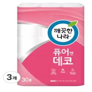 깨끗한나라 퓨어앤데코 3겹화장지 30m 30롤 3팩 (90롤)