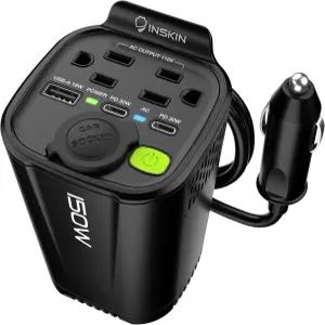 Inskin 150W 차량용 인버터 컵홀더형 DC 12V to 110V 변환기 AC 콘센트 2개 USB-A 포트 1개 및 충전