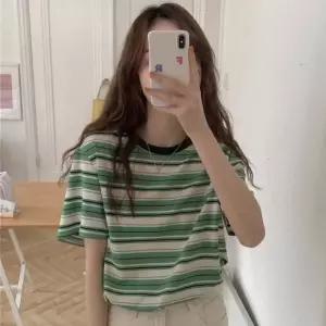 여름 대학생 캠퍼스 룩 티셔츠 반팔 라운드 단가라 단가라 면티 예쁜 스트라이프 스프라이트티 라운드티