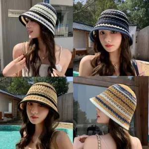 예쁜 배색 스트라이프 펀칭 니트 데일리 여성 버킷햇 라탄 왕골 라피아 밀짚 캡 썬캡 여름 돌돌이 모자