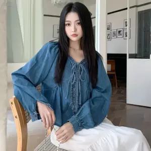 포뇨 여친 청 상의 브이넥 셔츠 봄가을 스트링 OPH3