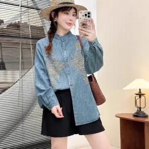 포뇨 여친 청 가을 빅사이즈 셔츠 톱 차이나 자수 OPH3