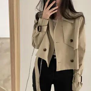 피로달 여친 가을 빈티지 트렌치 코트 터틀넥 더블 스트랩 슬림핏 긴팔 숏 HO3