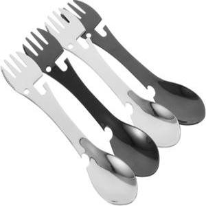 밀리스텐 4pcs 스테인리스 스틸 캠핑 실버웨어 세트 포크 스푼 나이프 병따개 휴대용 다기능 여행 도구