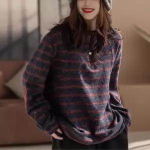 EAMT 여성용 캐주얼 맨투맨 스트라이프 반폴라 소프트 컴포트 풀오버 EUNG1