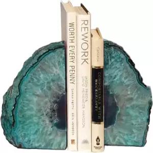 AMOY Agate Geode 북엔드 헤비 듀티 스톤 장식 홀더 홈 오 고무 범퍼 청록 쌍 23파운드
